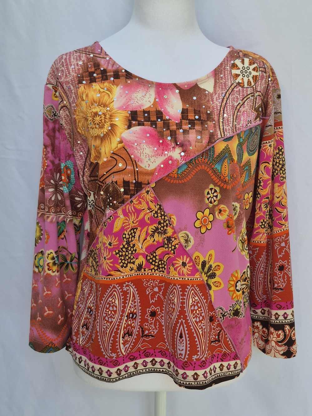 JESSICA MAX USA Bohemian Patchwork Floral Paisley Print Women's Blouse Size XL